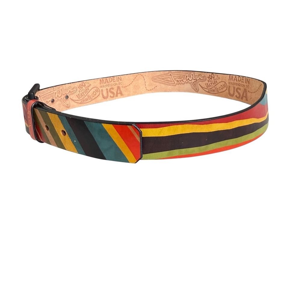 Jon Wye Mens Leather Belt Multicolor Wavy Stripe Made in USA Black Buckle - Picture 6 of 6